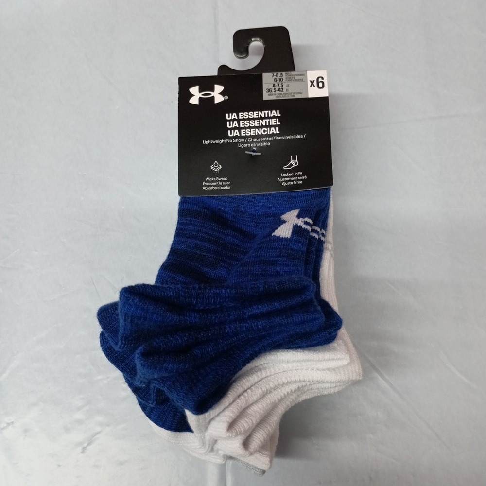 Under Armour Socks Men's Size M 7-8.5 Essential No Show 6 Pairs Blue White Gray